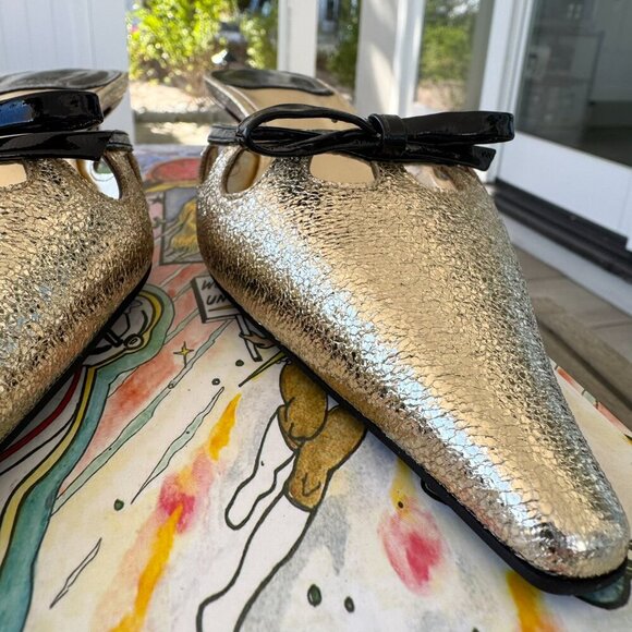 New Jeffrey Campbell Solitude Pointed Kitten Heels Mules Gold Black Womens 6.5 - Picture 7 of 16